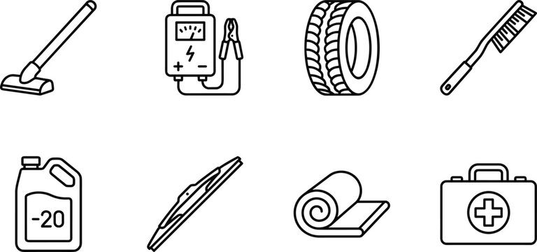 Winter Vehicle Maintenance and Emergency Equipment Icon Set Featuring Snow Scraper, Tire, Antifreeze, Battery Tester, and First Aid Kit
