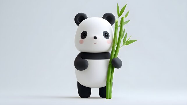 Cute 3D Panda Holding Bamboo Branch With Copy Space Background