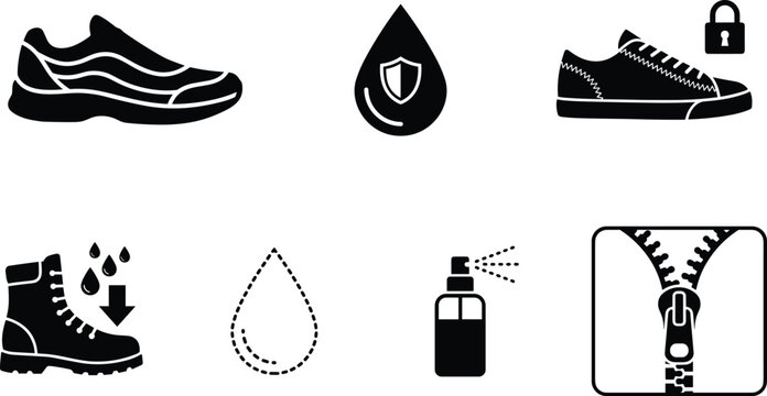 Footwear Protection and Waterproof Shoe Care Icon Set Featuring Sneakers, Boots, Water Resistance, Zippers, and Cleaning Spray Symbols
