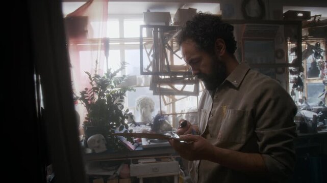 Tortured middle aged artist holding palette and paintbrush, staring at blank canvas and drinking whiskey during deep creative block in his studio