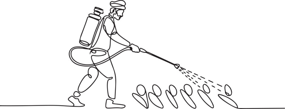 Farmer doing pesticide spray vector drawing, Indian farmer doing pesticide fertilizer spray in his farm sketch drawing. one line Icon drawing