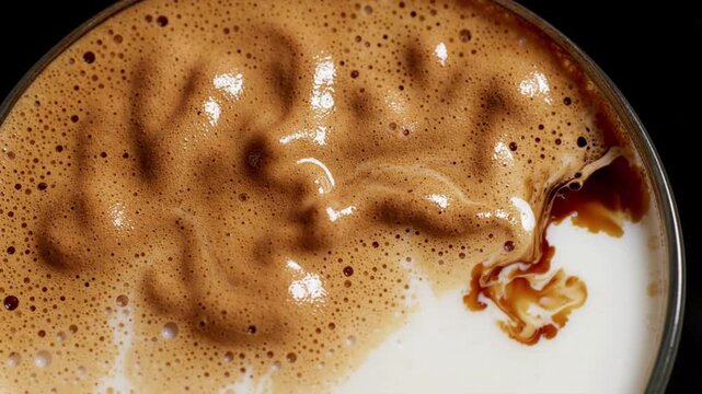 Close up of rich frothy coffee foam with swirling milk and espresso creating intricate patterns, perfect for cafe and beverage concepts