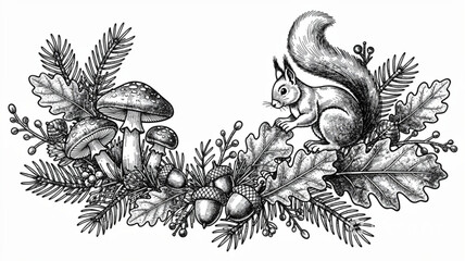 Forest woodland elements with squirrel and mushroom illustration. © Zahra