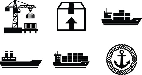 Fototapeta premium Shipping and Cargo Logistics Icon Set Featuring Container Ships, Port Cranes, Package Delivery, and Maritime Transport Symbols