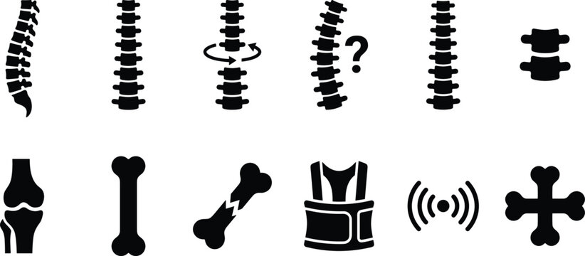 Orthopedic Spine and Bone Health Icon Set Featuring Chiropractic Alignment, Fracture Treatment, Knee Joint, and Medical Support Symbols
