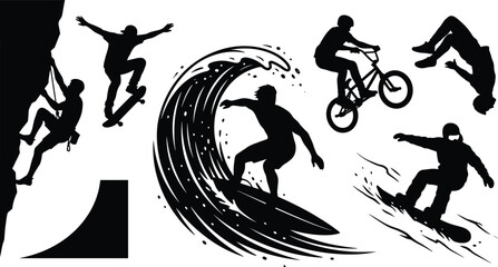 Fototapeta premium Extreme Sports Silhouette Collection Featuring Surfing, Skateboarding, Rock Climbing, BMX Cycling, Snowboarding, and Freestyle Action Poses