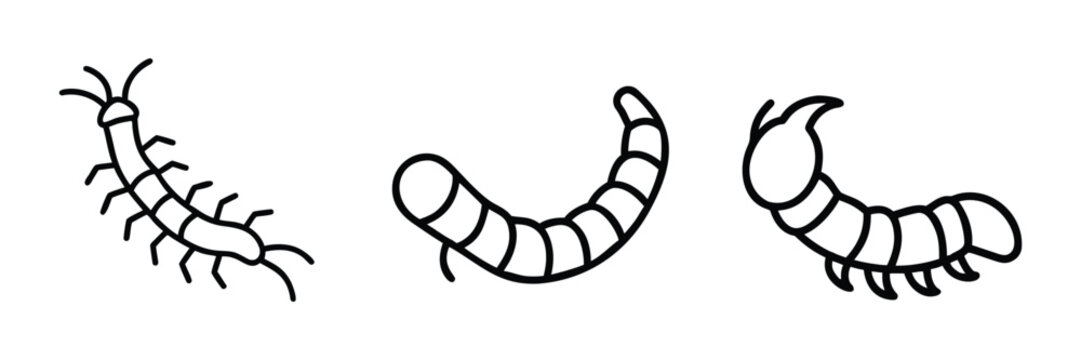 Worm outline icons set centipede larva caterpillar insect parasite garden creature bug crawl  vector illustration with editable stroke.