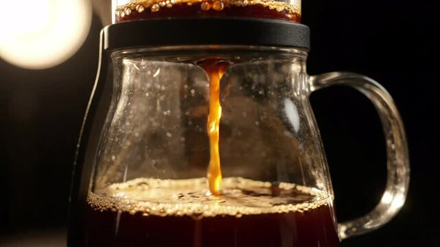 Fresh coffee pouring into a glass beaker from a coffee maker, rich dark liquid with frothy crema, morning beverage preparation, brewed drink