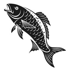 Obraz premium Fish silhouette with scales and fins in black and white graphic style for seafood advertising.