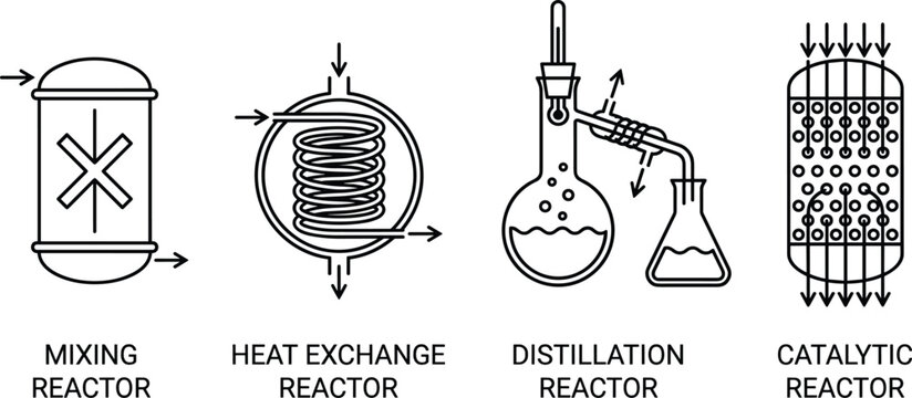 Chemical Processing Reactor Diagram Set Featuring Mixing, Heat Exchange, Distillation, and Catalytic Industrial Engineering Systems