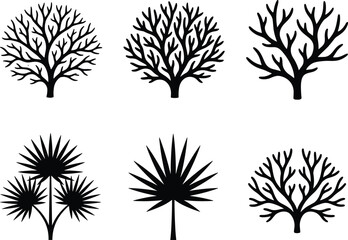 Obraz premium Decorative Tree and Tropical Plant Silhouette Collection Featuring Bare Branches, Palm Shapes, and Botanical Nature Design Elements