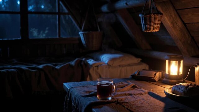Cozy attic room with warm lantern, rustic photographic style, set against dark night interior, concept of solitude and calm