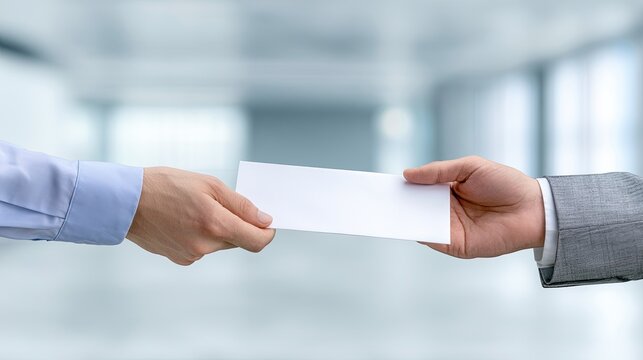 Two hands exchanging a white envelope in a bright, blurred office setting