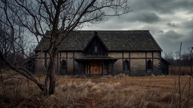 An old stone house with wooden details in a moody photographic style on a barren field, concept of isolation and decay