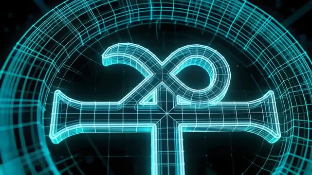 Starting cyan ankh mesh pulsing, rotating in dark void with ring and particles signaling activation