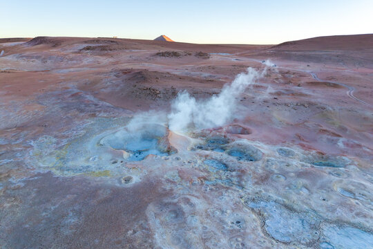 Sol de Manana Geysers steaming at dawn in Bolivia