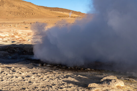 Geothermal steam plume at Sol de Manana Geysers, Bolivia