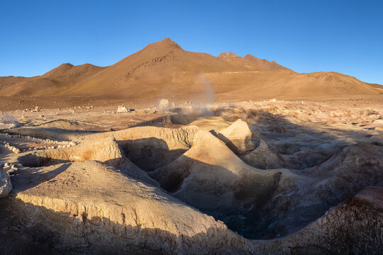 Sol de Manana Geysers steaming in Bolivian Andes desert