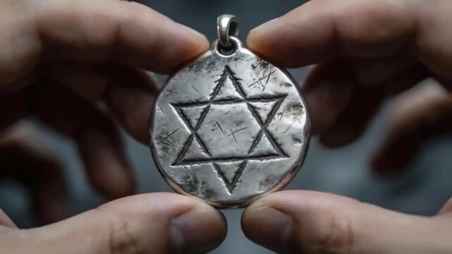 Lifting thumb and index finger holding metal pendant in room, rotating, inspecting star engraving