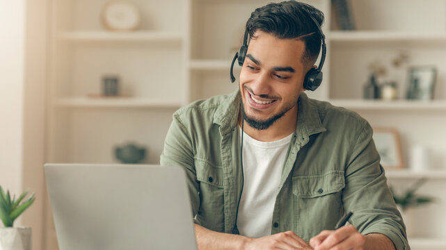 A young man sits at a desk in a bright room with a laptop and headset. He smiles while taking notes and participating in an online learning session. The scene shows focus and dedication.
