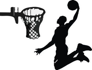 black silhouette basketball player slam dunk vector graphic with hoop and net for sports logo poster and apparel design © Sumaia