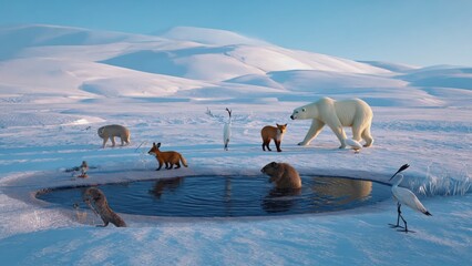 Obraz premium Arctic Wildlife Gathering at a Pond: Fox, Reindeer, and Bird in a Snowy Landscape, Natural Habitat, Winter Scene