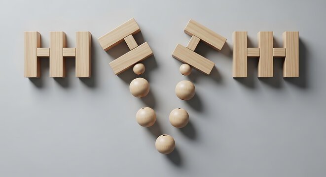 Wooden blocks forming letters hhh and a split path.