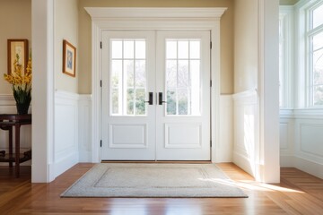 Fototapeta premium Double Doors for modern interior. Closed wooden door, in the empty hall. Front door entrance to grand house. Element of apartment design. Countryside cottage front wood entry Doors with glass panels