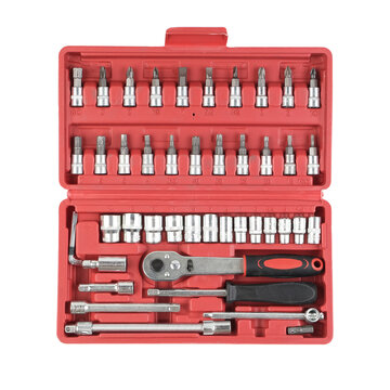 Portable mechanic tool kit with socket heads, screwdriver bits, ratchet wrench and extensions arranged inside red plastic case. Handy repair equipment for home and garage use.