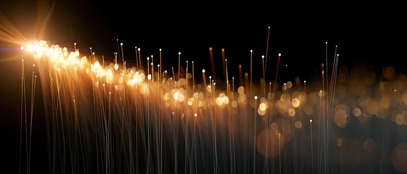 Glowing fiber optic strands emitting light against a dark background
