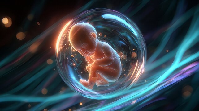 Human fetus developing inside the amniotic sac, protective environment filled with fluid bubble. 