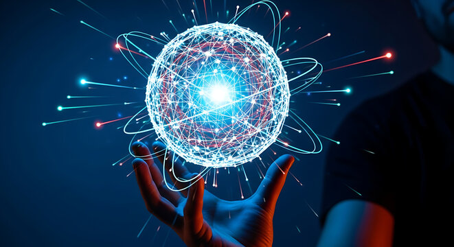 Complex network ball floating above open fingers.