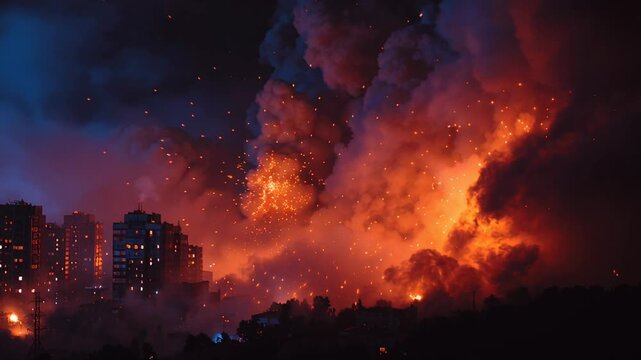 Night city skyline engulfed in flames, massive explosion and towering smoke over residential towers, glowing embers fill sky, firefighters and emergency crews