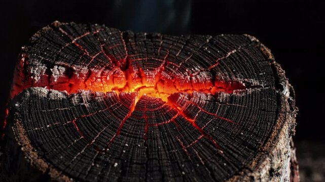 Glowing ember crackling in burning log, emanating heat and smoke, a dark, rustic texture perfect for concepts of warmth, energy, or destruction