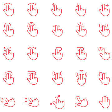 Pointing hand icons with and without click effect black and white. Collection of Hand Gesture Icons Featuring Thumbs Up, Peace, High Five, and Other Sign Language and Communication Symbols.
