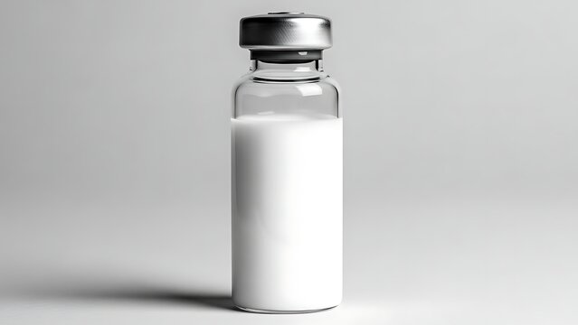 A small glass vial filled with white liquid on a plain surface