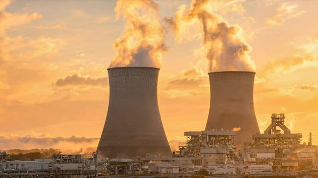cooling towers of vogtle nuclear power station waynesboro georgia at golden light concept