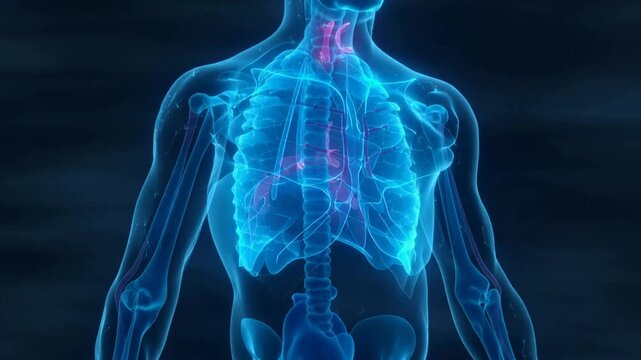 Animating torso in blue lab teaching pink pulse starting throat flowing via trachea into lungs