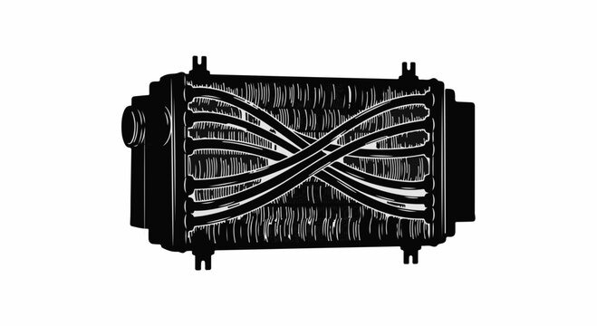 Detailed illustration of a compact heat exchanger with intricate internal tubing for efficient thermal transfer.