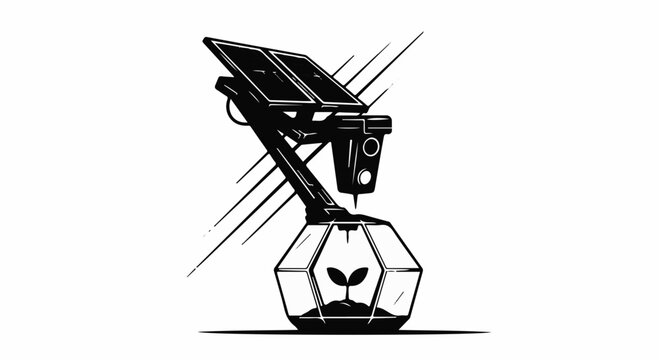 Futuristic device cultivating a young plant using solar energy and innovative technology