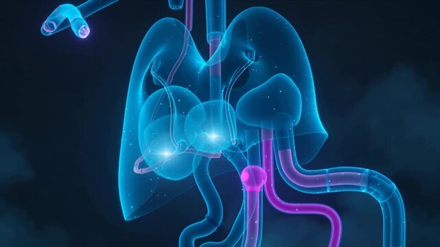 Rotating camera showing clear lungs to highlight bronchi in medical render with magenta node