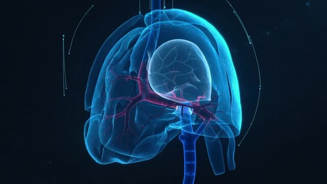 Rotating on load 3D lungs model showing pulsing magenta bronchi for diagnostic view, with HUD