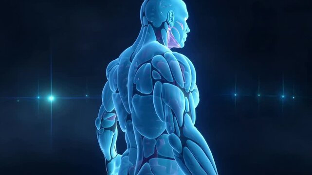 Rotating male clear anatomy model revealing muscles in lab on play for teaching, with scan lines