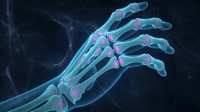 Animating translucent hand rotating toward viewer in space void, revealing pulsing magenta joints