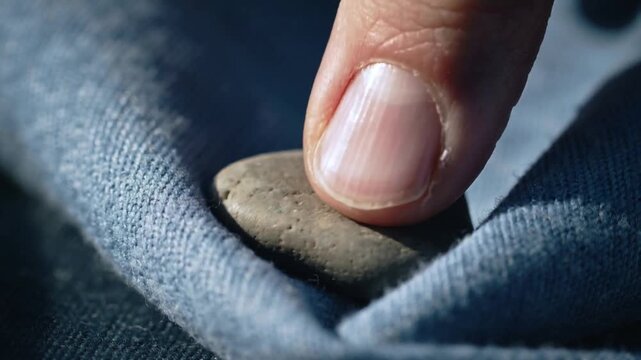 Approaching fingertip contacting and seating pebble into blue denim fold, showing pores