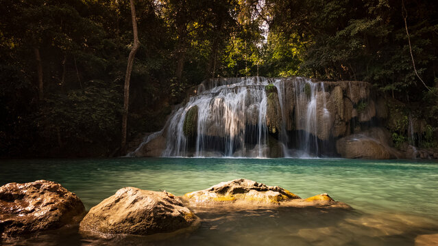 Turquoise pools at Erawan Waterfall in Thailand jungle