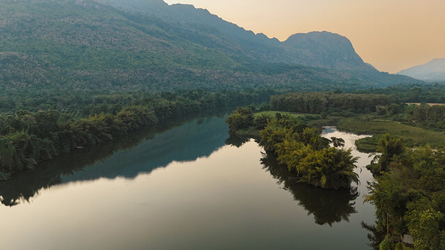 Aerial view of River Kwai tropical landscape in Thailand