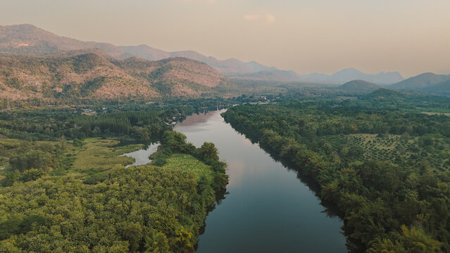 Aerial view of River Kwai winding through Thailand landscape