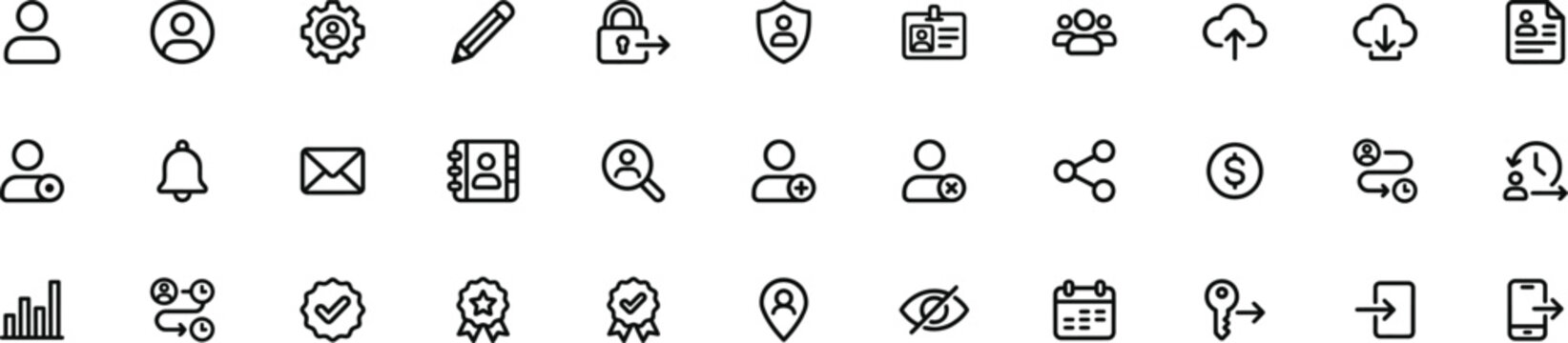 User account and profile interface thin line vector icons for web design layout.