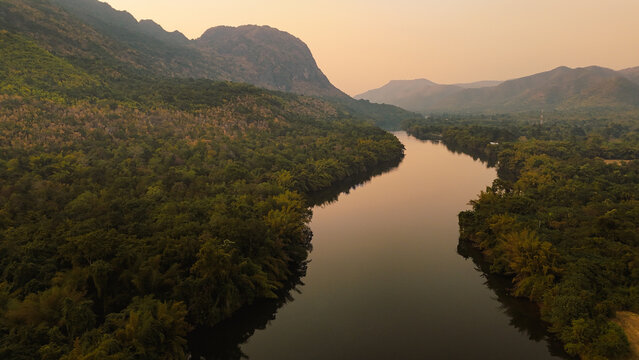 Aerial view of River Kwai winding through tropical Thailand